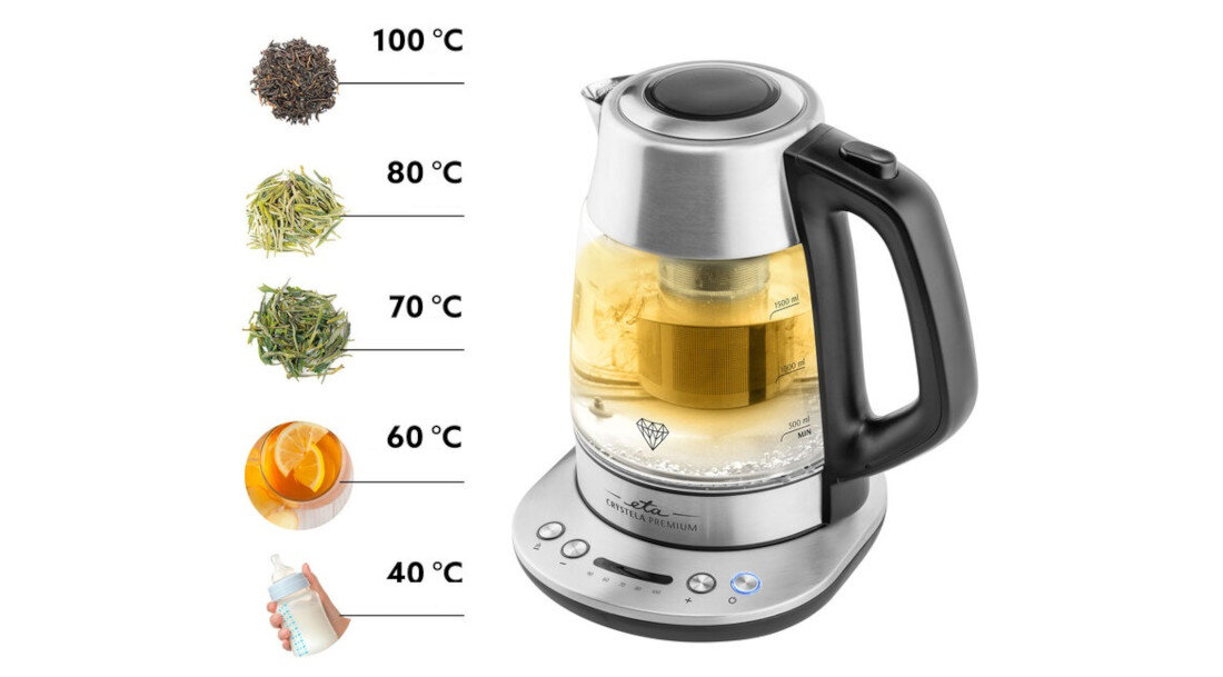 Czajnik ETA 915390000 Crystela Premium z zaparzaczem Regulacja temperatury dostosowanie potrzeby wskaźnik poziomu wody kontrola ilość