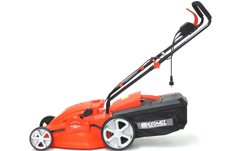 Kosiarka elektryczna HORTMASZ HKE 142 1800W uchwyt komfortowy ergonomiczna forma miękkie wykończenie regulacja wysokości w zestawie instrukcja obsługi w języku polskim karta gwarancyjna