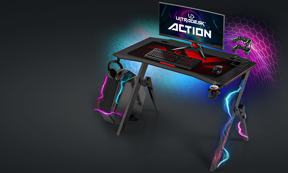 BIURKO DLA GRACZA ULTRADESK ACTION V2 wygląd podświetlenie LED podstawka pod pady i CD podkładka na pulpit