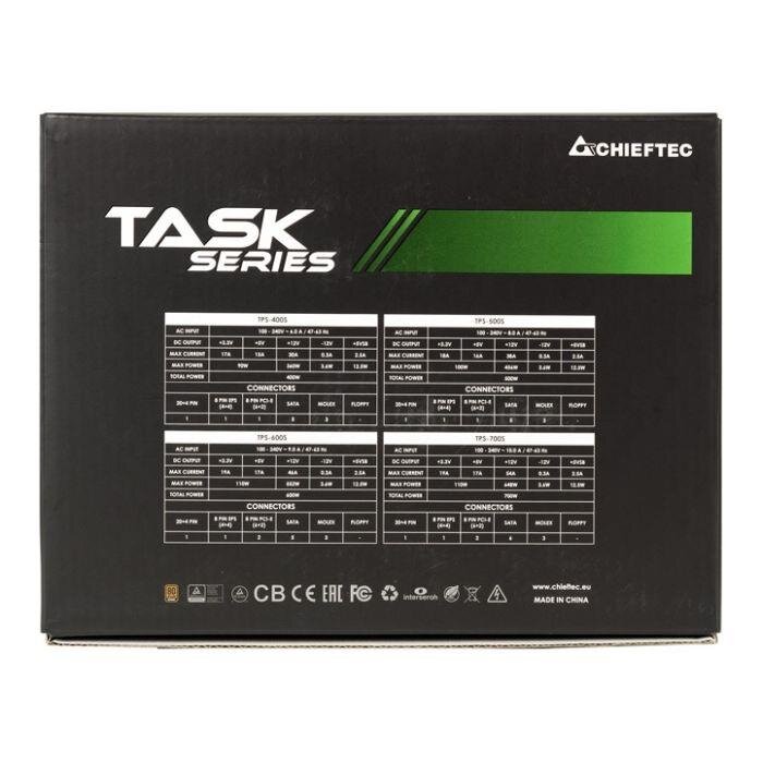 Czarne opakowanie zasilacza z serii TASK z logo Chieftec i zielonym akcentem. Widoczne są specyfikacje techniczne oraz różne certyfikaty na dole opakowania.