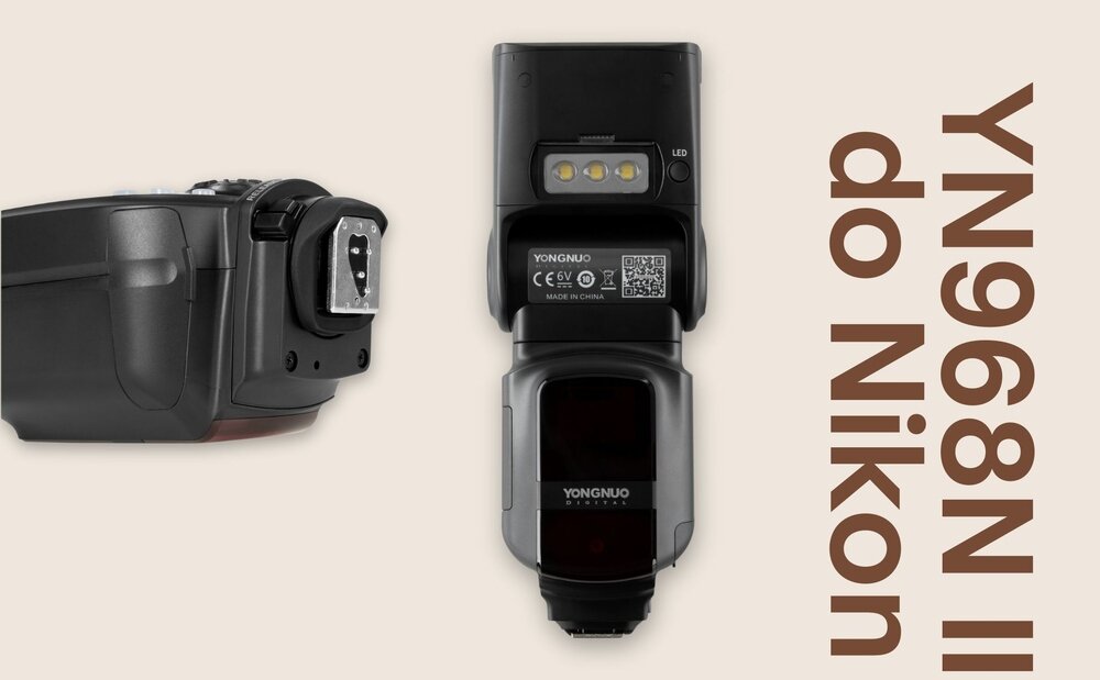 Lampa błyskowa Yongnuo YN968N II do Nikon od strony stopki oraz w pionie z widocznymi diodami świtła ciągłego