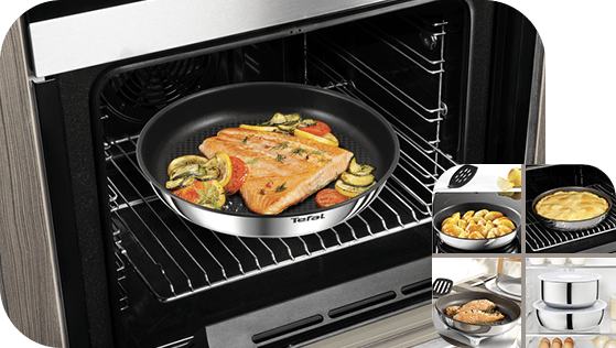 Na obrazie widać patelnię z logo \'Tefal\' umieszczoną w piekarniku, na której znajdują się kawałki łososia i warzywa. Obok głównego zdjęcia znajdują się mniejsze zdjęcia przedstawiające różne potrawy przygotowane na tej samej patelni.