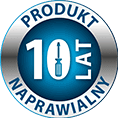 Okrągła ikona z napisem \'PRODUKT NAPRAWIALNY 10 LAT\' oraz symbolem śrubokręta na niebieskim tle.