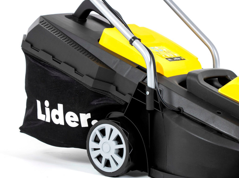 Kosiarka elektryczna LIDER YK1300 1300W kosz z tworzywa sztucznego pojemność 35 l uchwyt na koszu bezproblemowe opróżnianie kosza