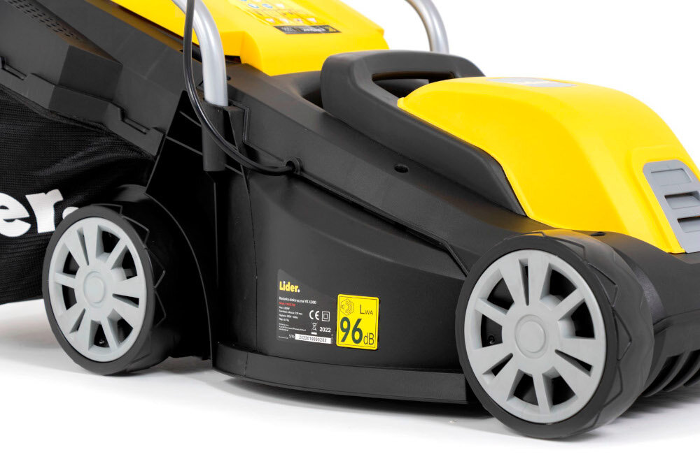 Kosiarka elektryczna LIDER YK1300 1300W wytrzymałe koła o sporych gabarytach zmniejszające opory toczenia średnica 14 cm na nierównych trawnikach