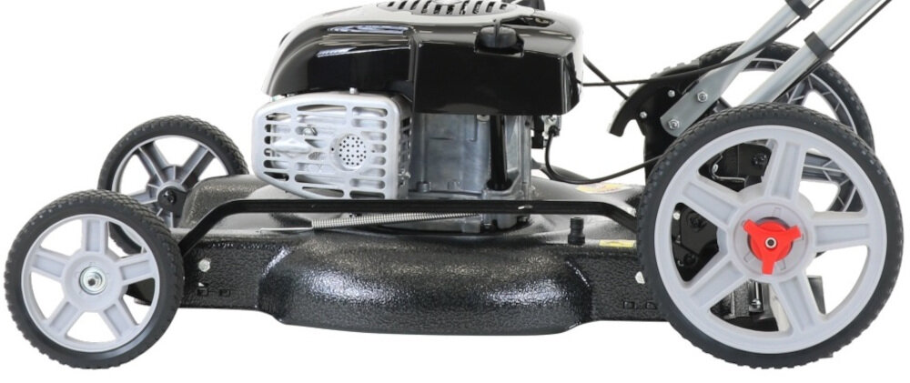 Kosiarka spalinowa LIDER CJ55BS750PBW koła łożyskowe o dwóch rozmiarach płynność prowadzenia stabilność zmniejszają opory toczenia