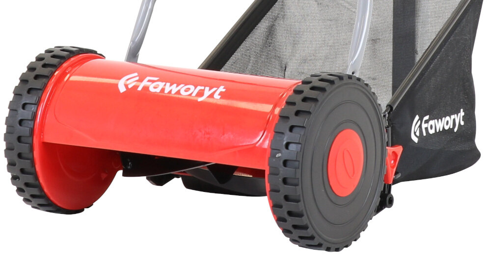 Kosiarka ręczna FAWORYT TKR300 koła 21,5 cm średnicy zwrotne solidnie wykonane duże korpus z wysokiej jakości tworzyw sztucznych duża odporność na uszkodzenia