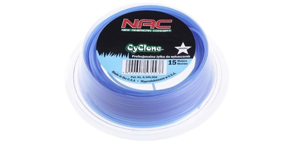 Żyłka tnąca NAC CY050PL 1.3 mm x 15 m doskonała wytrzymałość bardziej wydajna zaawansowana technologia doświadczenie trwała odporna do kos spalinowych podkaszarek gwiazdkowy kształt ostre krawędzie tnące przekrój żyłki szerokość 1,3 mm długość do 15 m