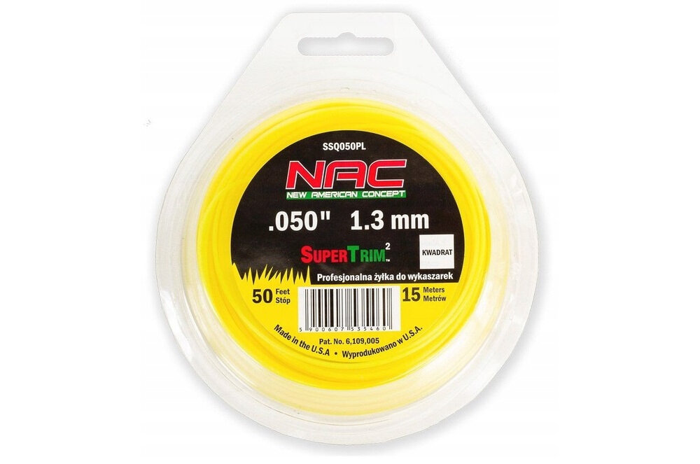 Żyłka tnąca NAC SSQ050PL doskonała wytrzymałość bardziej wydajna zaawansowana technologia doświadczenie trwała odporna do kos spalinowych podkaszarek kwadratowy kształt ostre krawędzie tnące przekrój żyłki szerokość 1,3 mm długość do 15 m