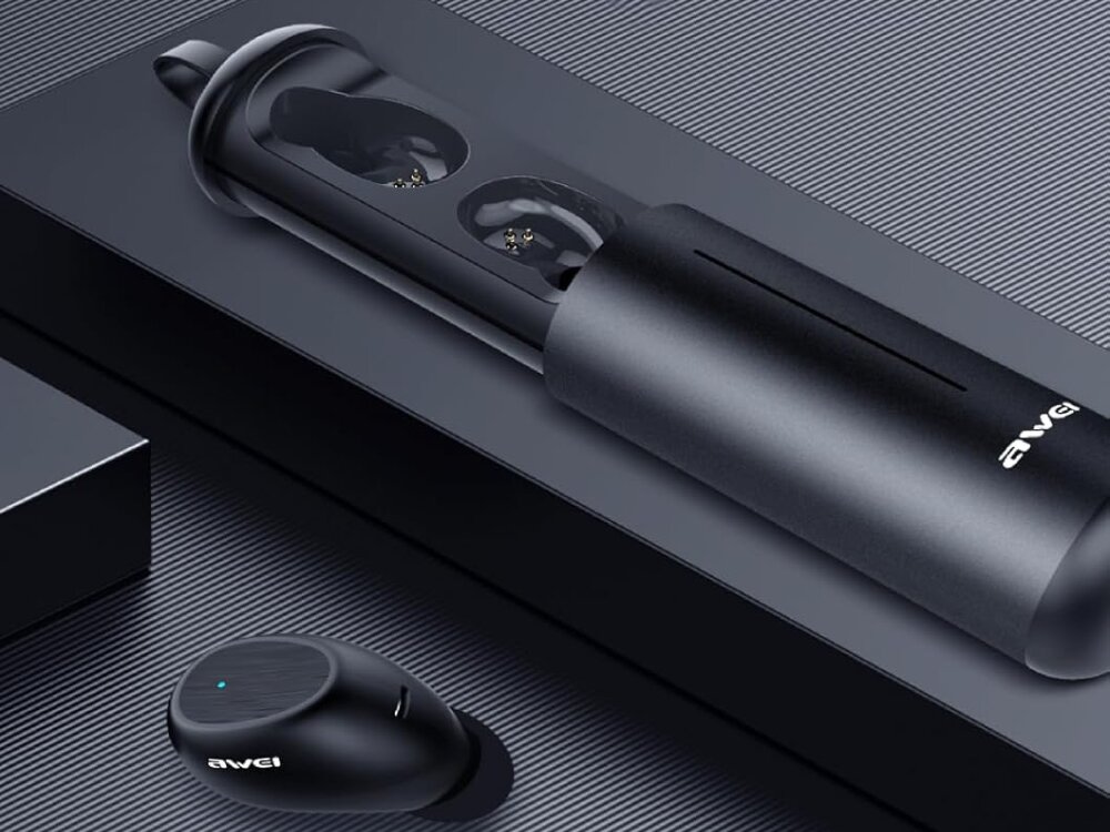 Słuchawki dokanałowe AWEI T55 TWS
			słuchawki dokanałowe na czarnym tle bluetooth zasięg 10m ipx4 czas działania rozmowy do 7 h muzyka do 6h