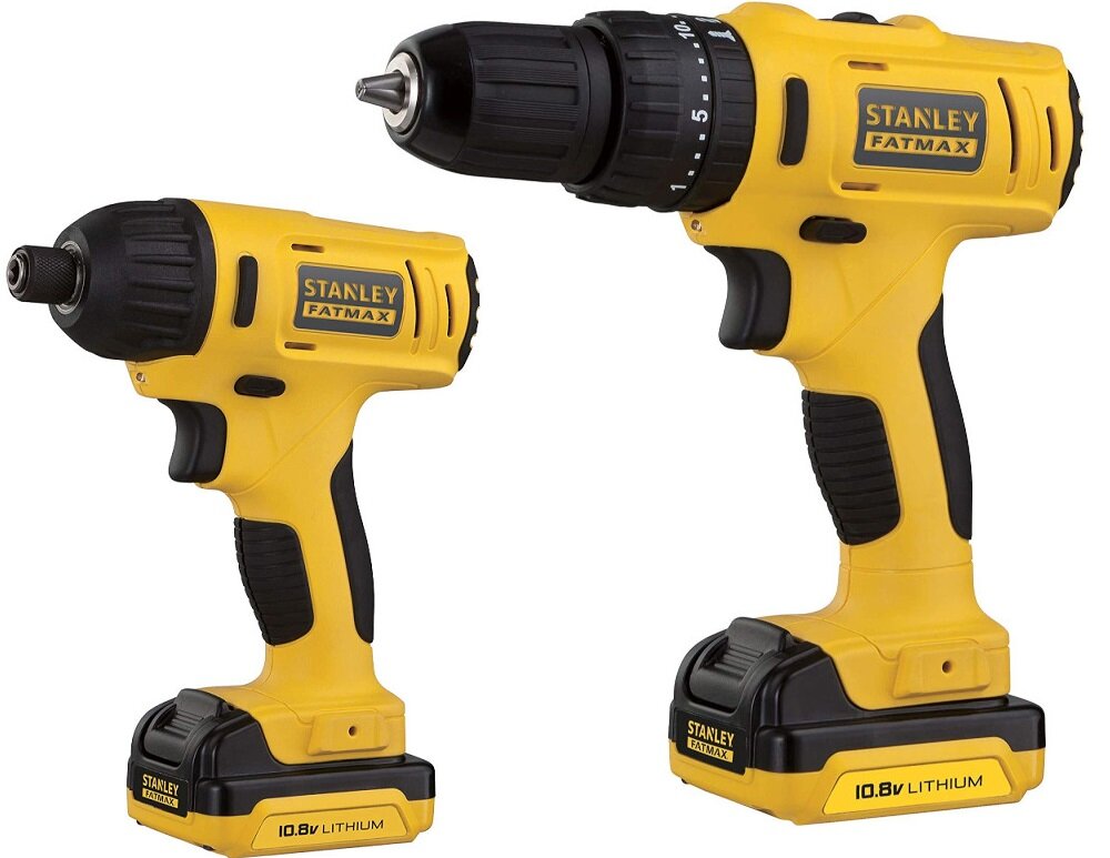 Wiertarko-wkrętarka STANLEY FatMax FMCK062SS2 zestaw elektronarzędzi solidny niezawodny kompaktowy wiertarko-wkrętarka FMC021 z udarem zakrętarka udarowa FMC041 nowoczesne silniki bezkluczykowe do pracy w drewnie metalu murze maksymalna średnica wiercenia w drewnie do 20 mm w metalu do 10 mm w murze do 8 mm