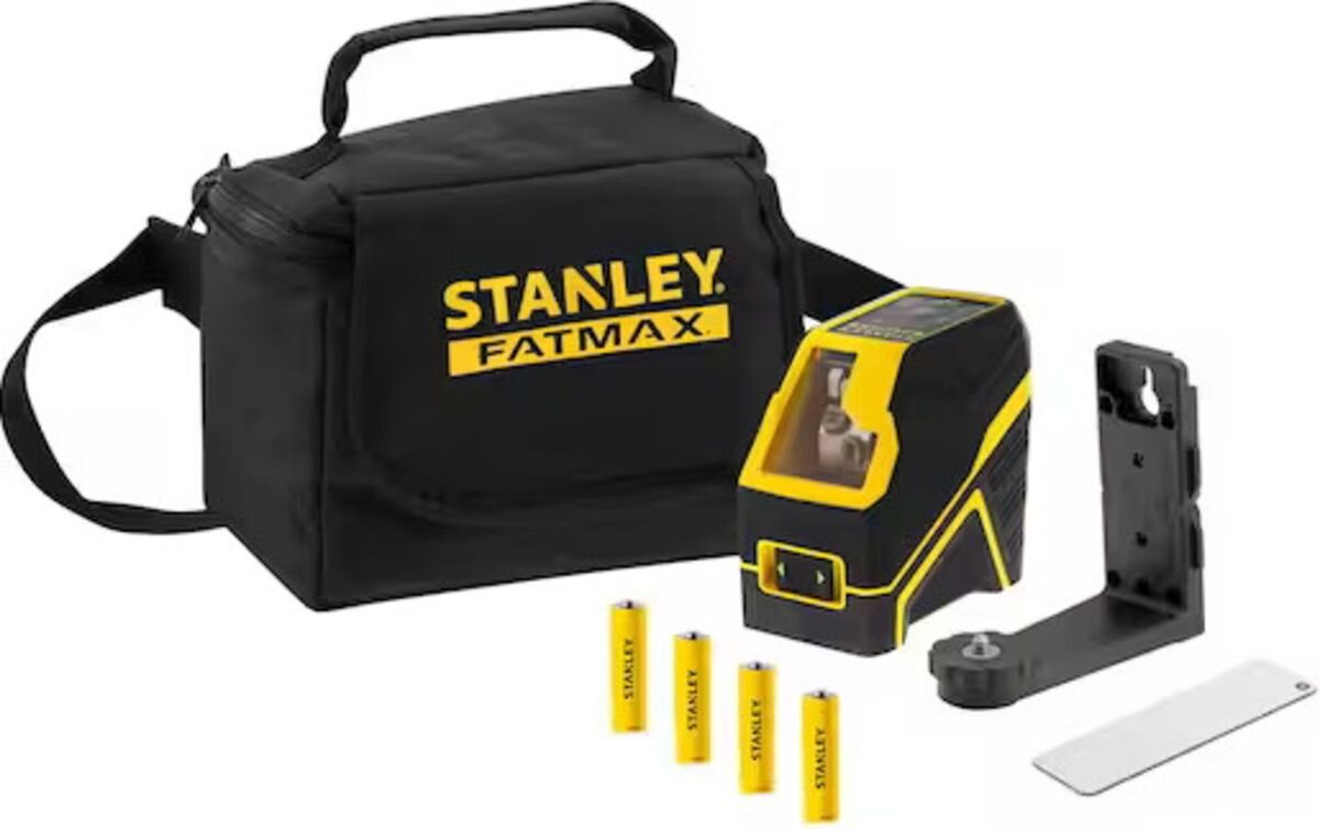 Laser krzyżowy STANLEY FMHT77586-1, poziom, laser, ściana, budowa, Laser Stanley FatMax, torba, uchwyt i baterie.