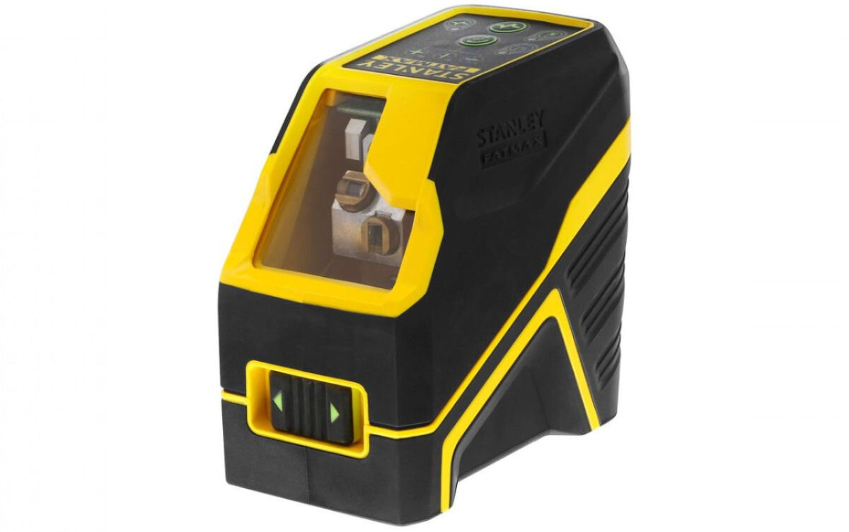 Laser krzyżowy STANLEY FCL-G FMHT77595-1, pion, poziom, wahadło, błąd, Na białym tle laser krzyżowy frontem prawo skos