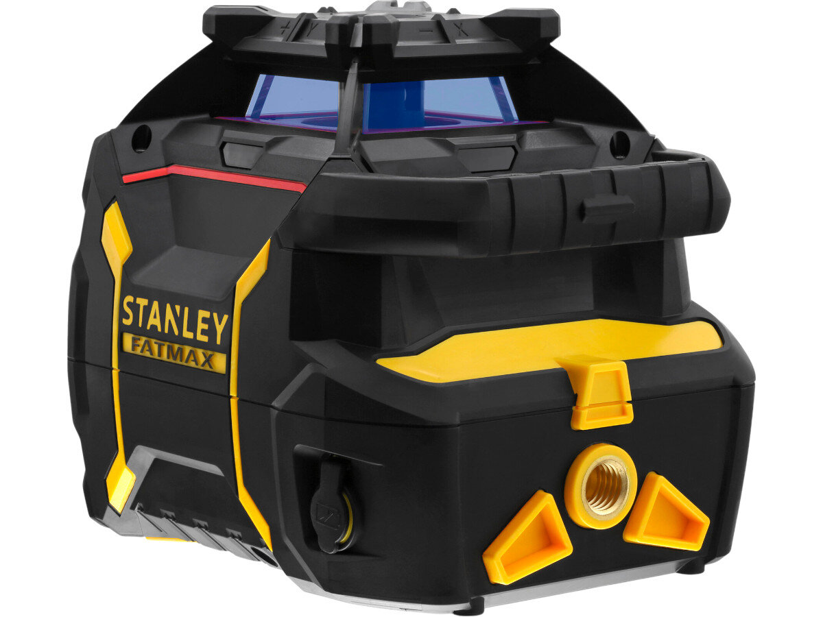 Niwelator laserowy STANLEY FMHT77449-1, akumulator, walizka, okulary, tarcza, Tył niwelatora Stanley Fatmax z uchwytem i mosiężnym przyłączem do statywu 5/8 cala.