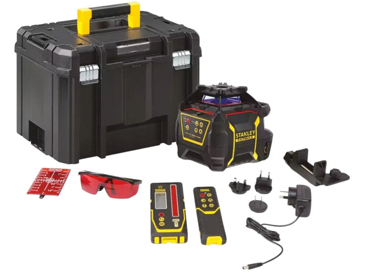 Niwelator laserowy STANLEY FMHT77449-1, pilot, detektor, swoboda, przyciski, Pełny zestaw: niwelator Stanley, walizka TSTAK, detektor, pilot, okulary i ładowarka.