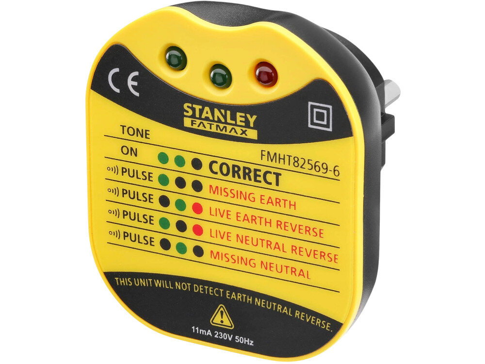 Tester prądu STANLEY FMHT82569-6, ergonomia, CAT II, legenda, trwałość, Tester prądu STANLEY FMHT82569-6 na białym tle frontem prawo skos