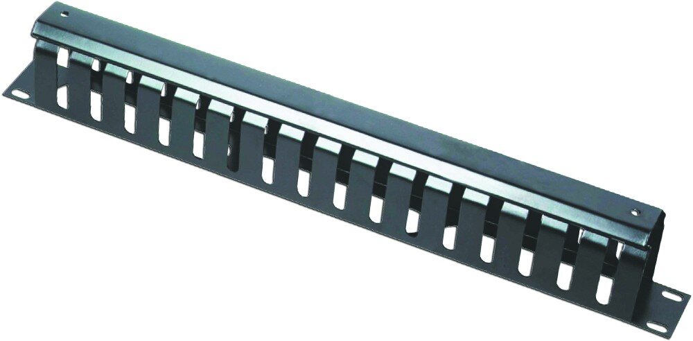 Organizer kabli ENERGENIE 19C-CM2 Czarny metalowy panel ułatwiający prowadzenie przewodów, o podłużnym kształcie z rzędem pionowych szczelin i bocznymi uchwytami montażowymi