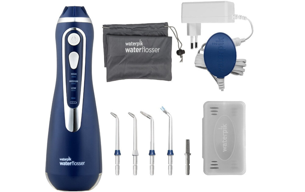 Irygator WATERPIK WP-563 Granatowy zawartosc zestawu komplet wyposazenie akcesoria 4 koncowki wodna zatyczka ladowarna etui ochronne