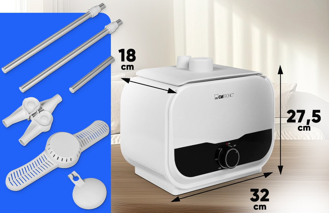 Prasowalnica CLATRONIC HBB 3734 Mobilna konstrukcja Regulowany i zdejmowany teleskop dopasowanie wysokość przechowywanie przewód zasilający o długości 1,5 m wymiary