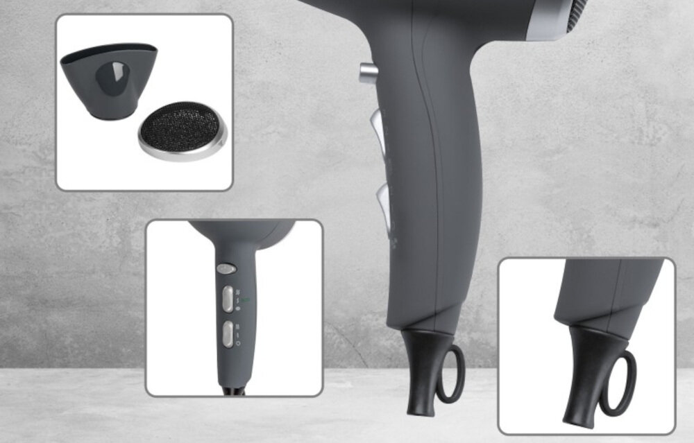 Suszarka PROFICARE PC-HT 3045 Antracyt moc 2200 W 3 stopnie temperatury dwa stopnie siły nadmuchu tryb zimnego nadmuchu Zdejmowana dysza obrót 360° Demontowalny filtr