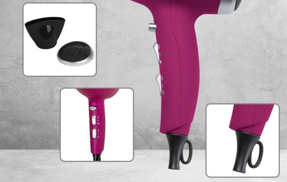 Suszarka PROFICARE PC-HT 3045 Fioletowy moc 2200 W 3 stopnie temperatury dwa stopnie siły nadmuchu tryb zimnego nadmuchu Zdejmowana dysza obrót 360° Demontowalny filtr