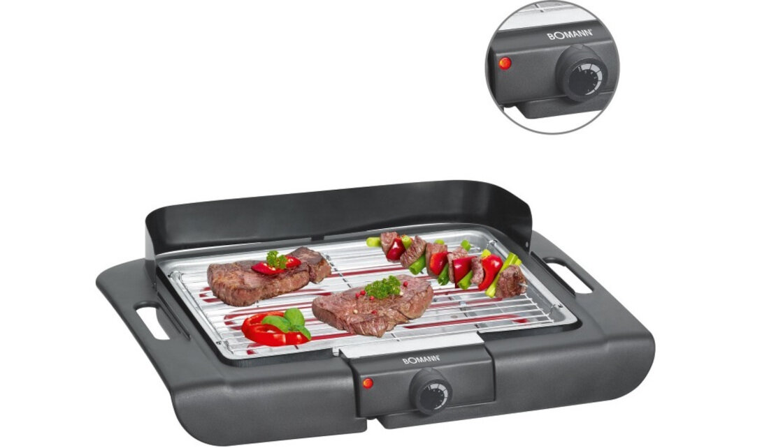 Grill elektryczny BOMANN BQ 2243 CB KOMFORTOWE UZYTKOWANIE CHROMOWANY RUSZT PLYNNIE REGULOWANY TERMOSTAT LAMPKA KONTROLNA MOC 200 w LADNIEJSZE I WYGODNIEJSZE GRILLOWANIE
