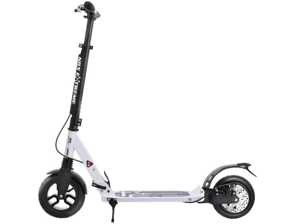 Hulajnoga NILS EXTREME HM208T Czarno-biały ekologiczny srodek transportu z lekkich wytrzymalychmaterialow aluminium i tworzywo sztuczne bezpieczne uzytkowanie wygodna stylowa skrojona na miare potrzeb jazda po asfaltowych nawierzchniach i wybrukowanych chodnikach
