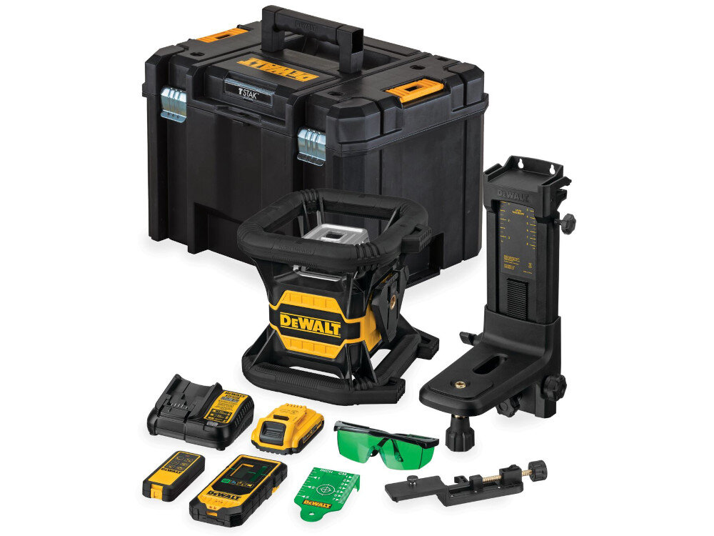 Laser rotacyjny DEWALT DCE080D1GS-QW w zestawie detektor wiązki zielonej pilot zdalnego sterowania akumulator 18 V Li-Ion ładowarka trójkątny adapter na statywie zielone okulary tarcza celownicza walizka systemowa