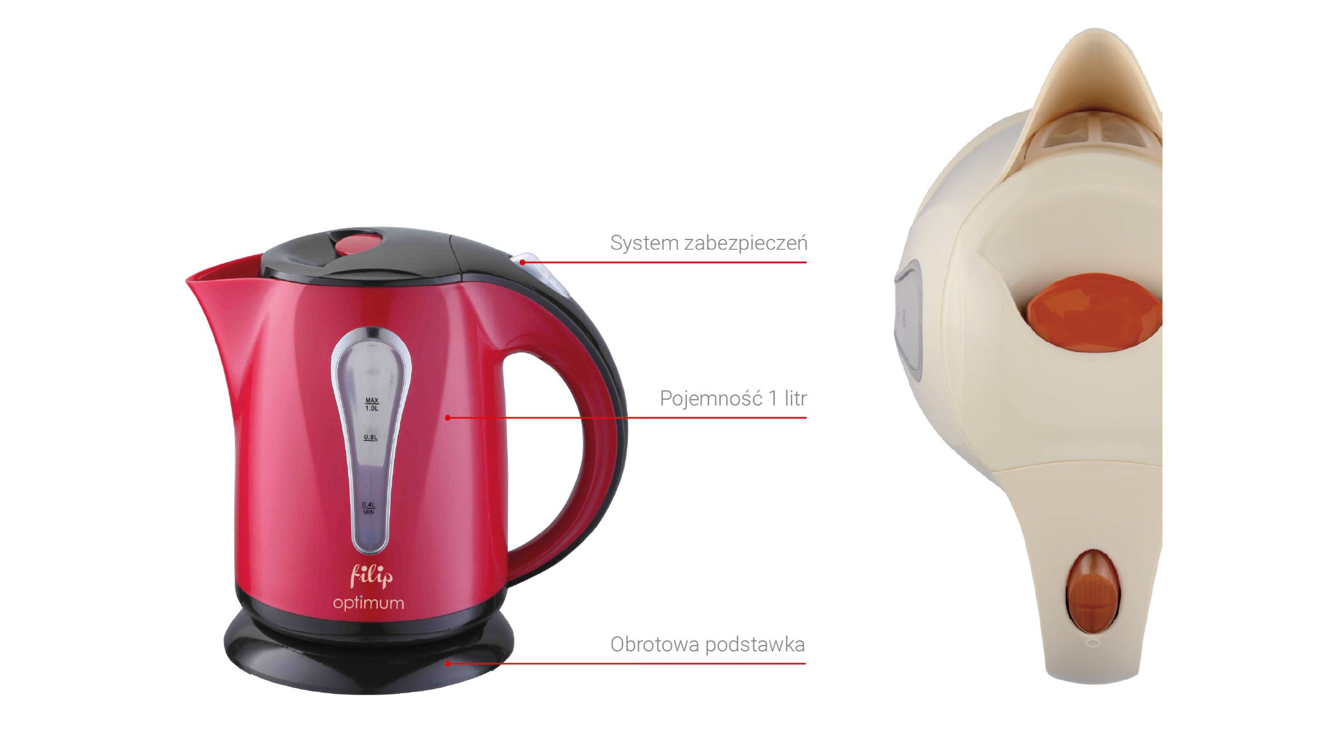 Czajnik OPTIMUM Filip CJ-1050 Kremowy cechy szczególne pojemność kontrola stal