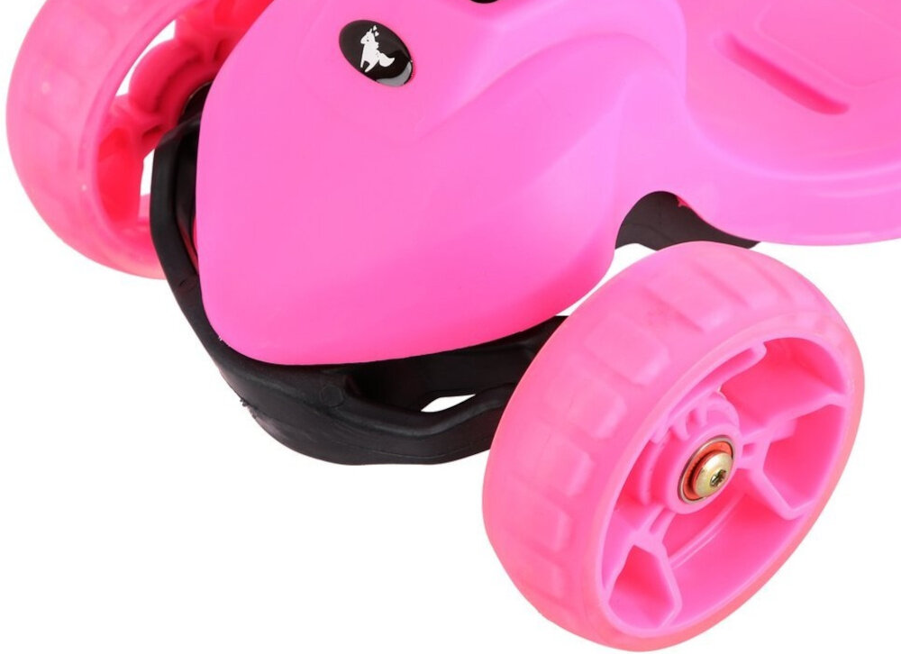 Hulajnoga dla dzieci NILS FUN HLB12 Różowy zblizenia na przednie kola na bialym tle kola z materialu PU lozyska ABEC-7 plynna jazda trwalosc przednie kolo srednica 12 cm tylne kolo srednica 8 cm stabilnosclatwe manewrowanie odpornosc na scieranie dobre tlumienie wstrzasow
