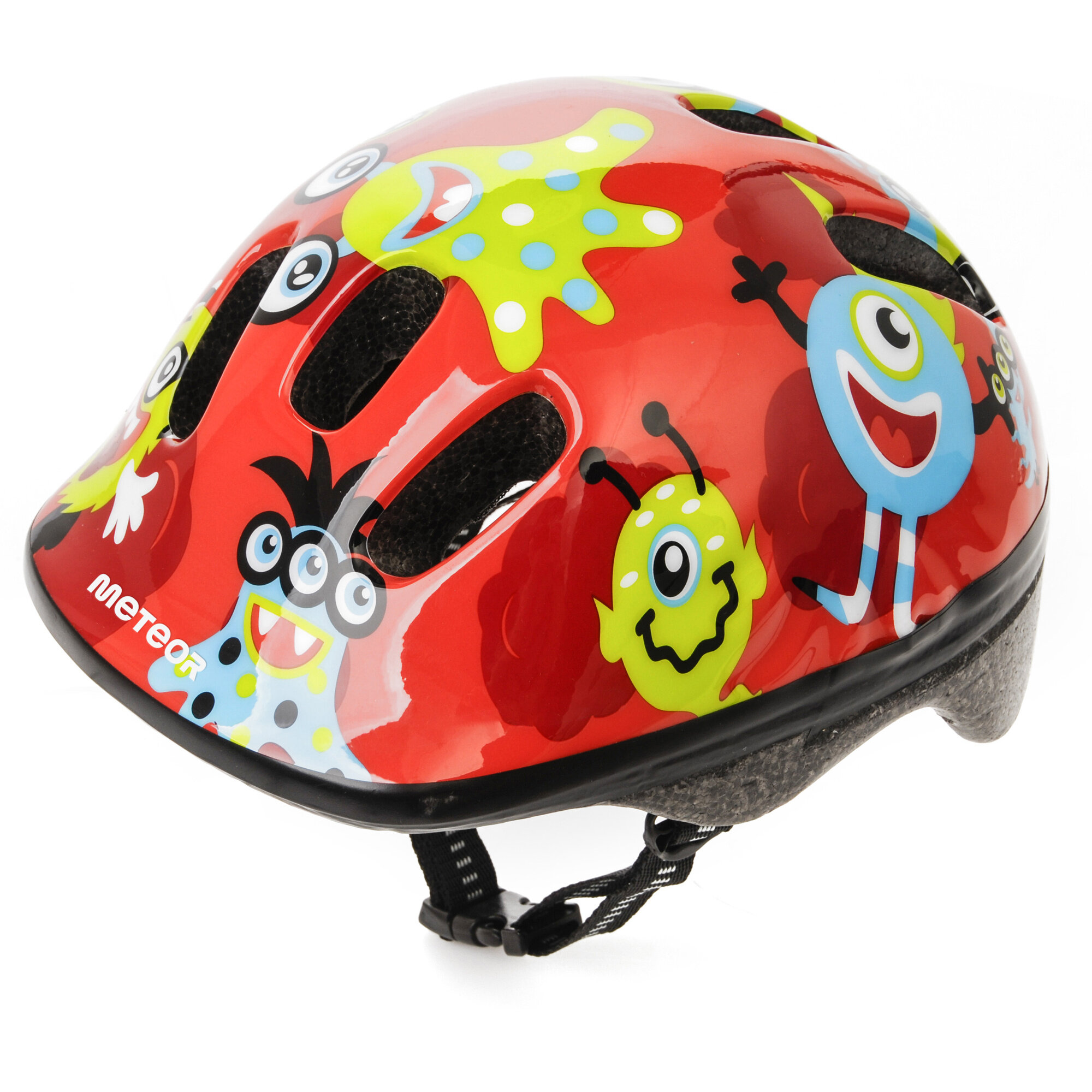 Czerwony kask rowerowy z kolorowymi grafikami przedstawiającymi uśmiechnięte postacie. Na kasku widoczne jest logo \'meteor\'.