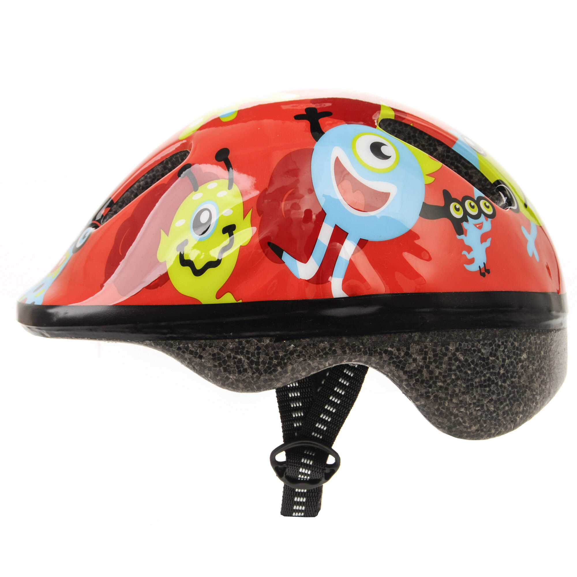 Kask rowerowy dziecięcy w kolorze czerwonym z kolorowymi grafikami przedstawiającymi uśmiechnięte postacie. Kask posiada regulowane paski i otwory wentylacyjne.