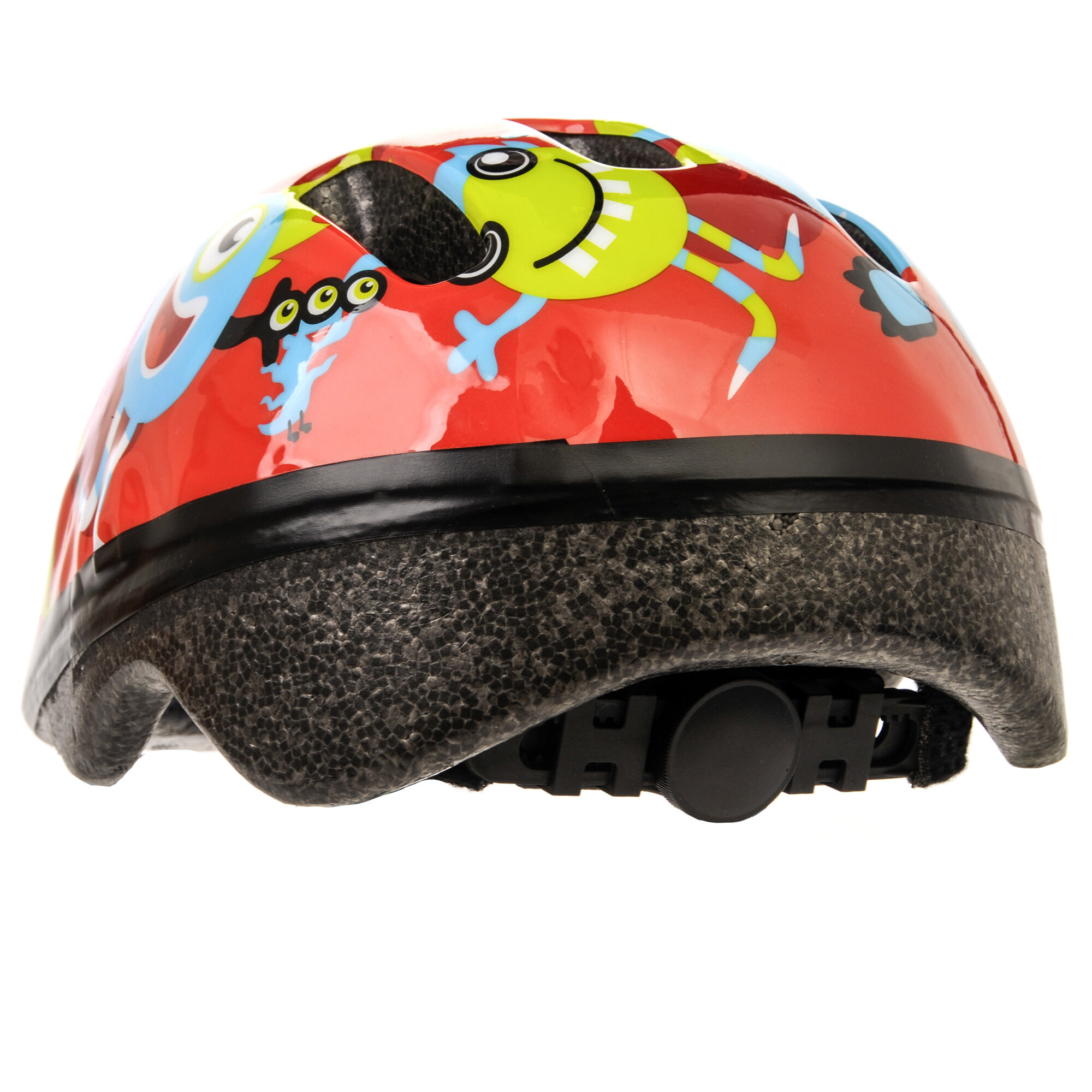 Kask rowerowy dziecięcy w kolorze czerwonym z kolorowymi grafikami przedstawiającymi uśmiechnięte postacie. Kask posiada regulację z tyłu.