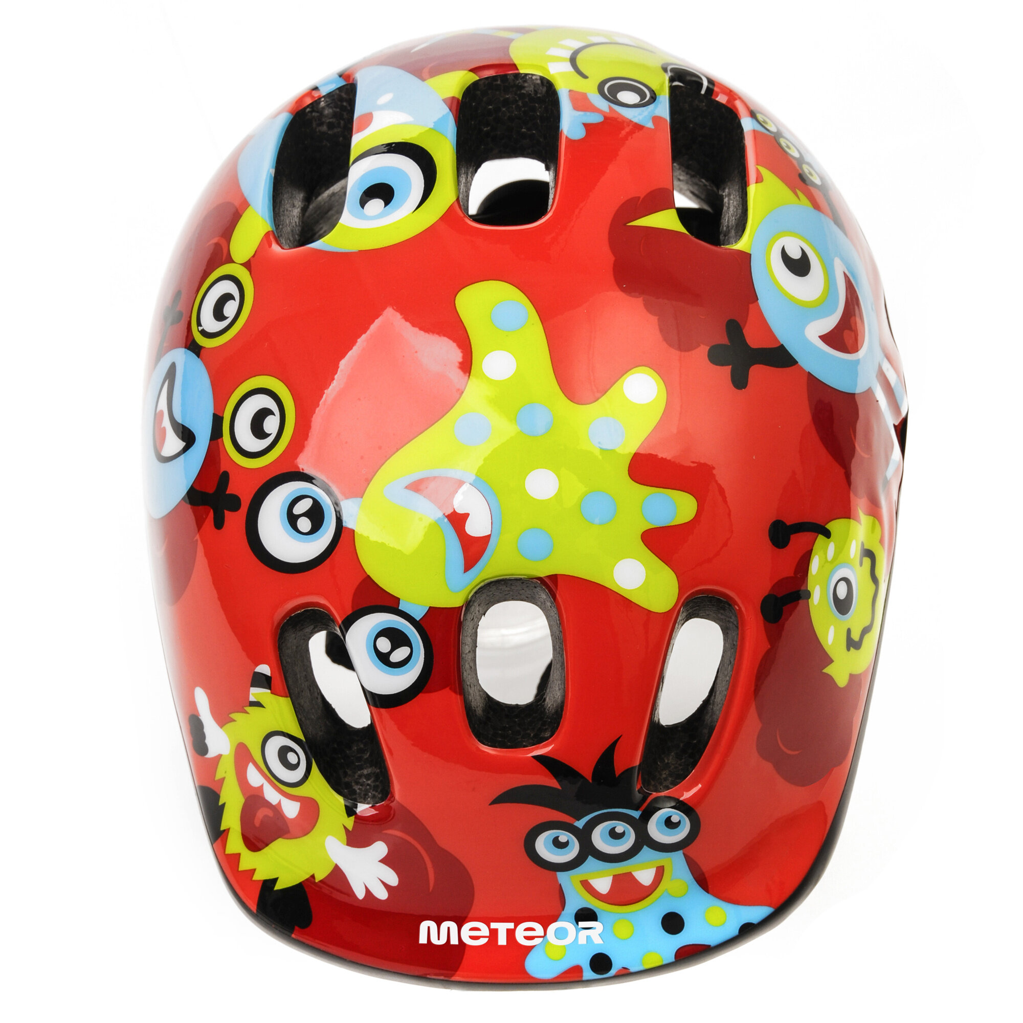 Kask rowerowy dziecięcy w kolorze czerwonym z kolorowymi, zabawnymi postaciami. Na przodzie widoczne jest białe logo \'METEOR\'.