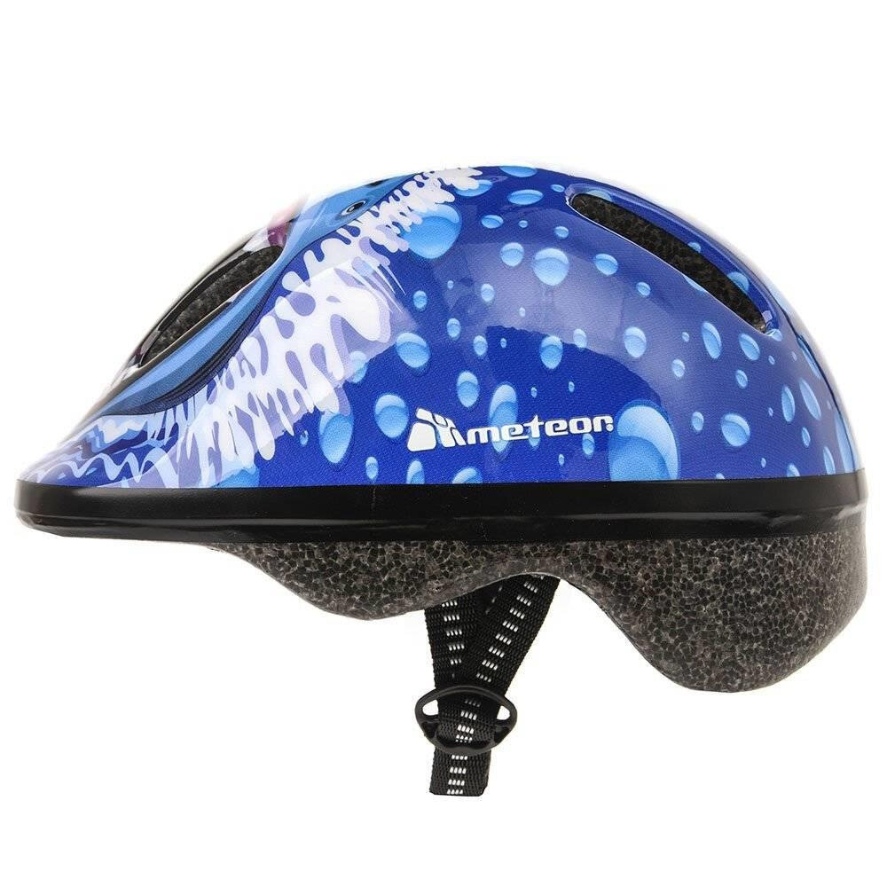 Niebieski kask rowerowy z białymi wzorami i kroplami wody, z widocznym logo \'meteor\'.