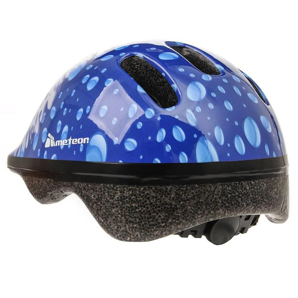 Niebieski kask rowerowy z wzorem kropli wody i logo \'meteor\'.