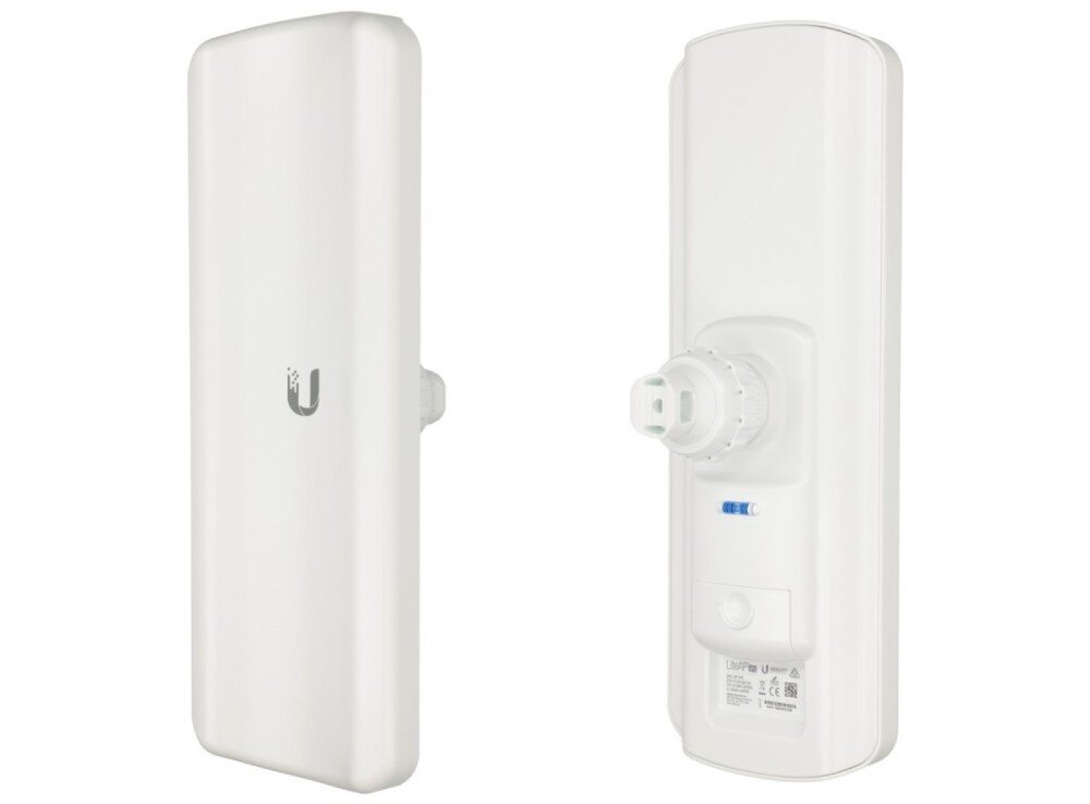 Punkt dostępowy UBIQUITI LAP-GPS 5 GHz, Wi-Fi Dwa ujęcia białego urządzenia, z lewej strony gładki front z logo, z prawej tył z widocznym uchwytem kulowym, poziomicą i portem pod klapką