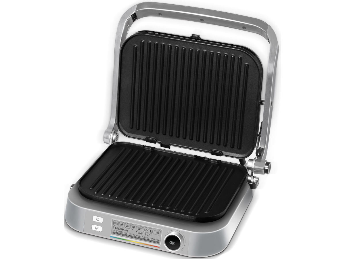 Grill elektryczny SENCOR SBG 6231SS, wymiary, waga, konstrukcja, pokrywa, na białym tle grill z otwartą pokrywą 90 stopni frontem prawo skos