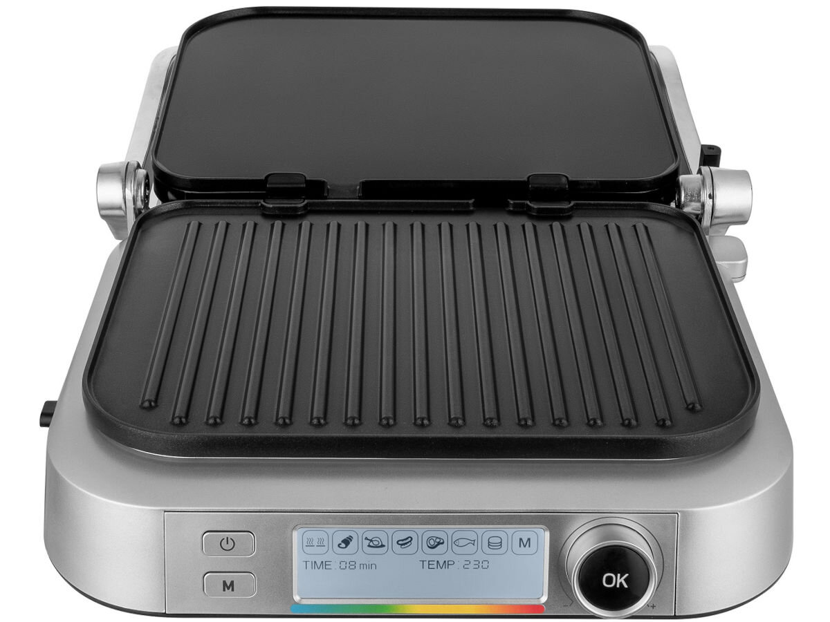 Grill elektryczny SENCOR SBG 6231SS, monitorowanie, proces, kontrola, temperatura, na białym tle grill frontem na wprost z otwartym 180 stopni pokrywą