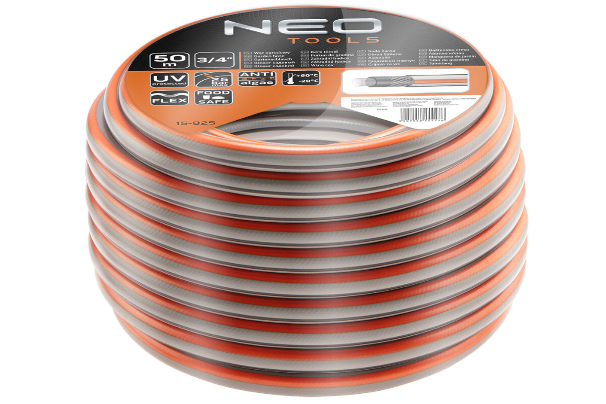 Wąż ogrodowy NEO Optima 3/4 50 m 15-825, wąż, woda, ogród, mycie, na białym tle w pełni zapakowany farbycznie wąż