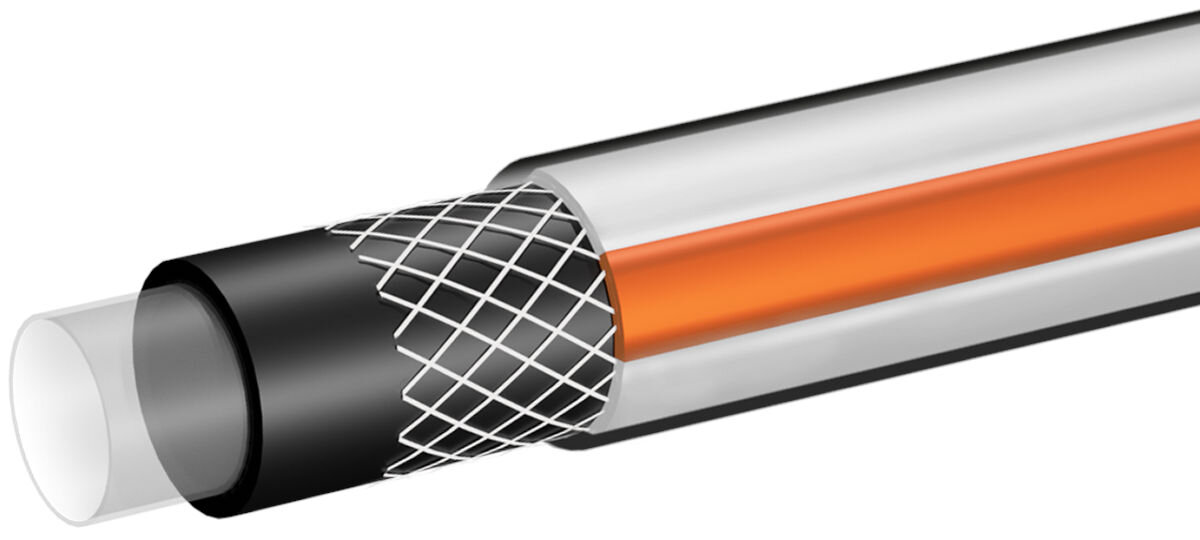 Wąż ogrodowy NEO Optima 3/4 50 m 15-825, warstwa, żywność, kontakt, rośliny, na białym tle wizualizacja budowy/konstrukcji węża warstwa po warstwie