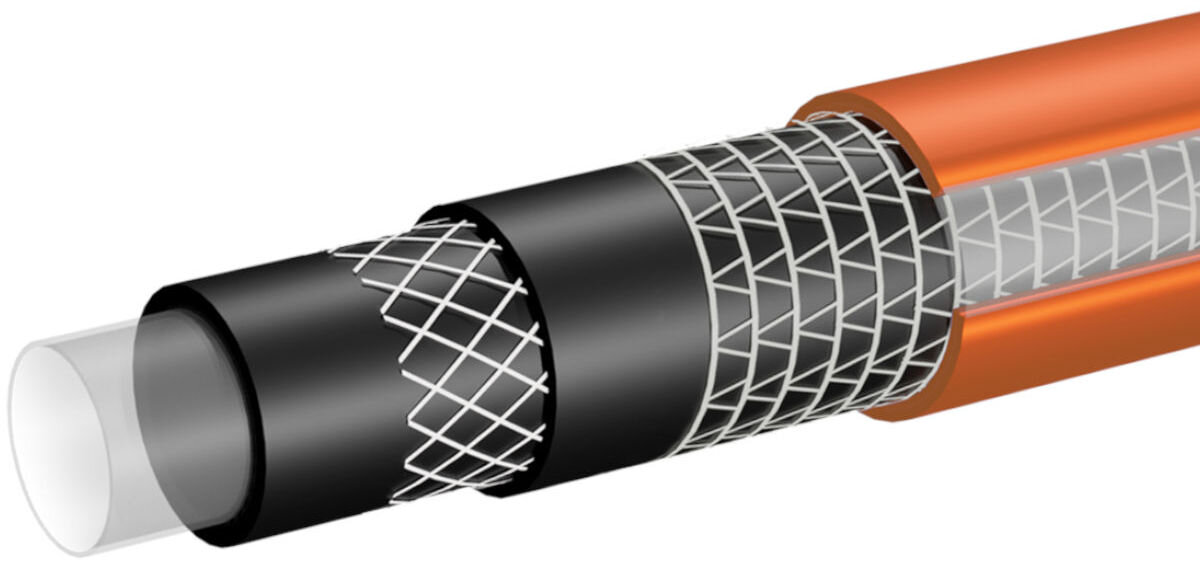 Wąż ogrodowy NEO Professional 1/2 50 m 15-842, warstwa, żywność, kontakt, rośliny, na białym tle wizualizacja budowy/konstrukcji węża warstwa po warstwie