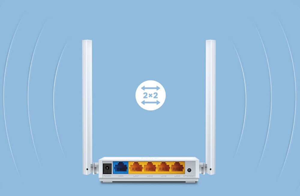 Router TP-LINK TL-WR844N Widok tylnego panelu routera z dwiema pionowymi antenami i czterema portami LAN oraz jednym portem WAN, anteny, sygnał