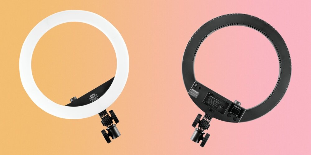 Lampa pierścieniowa LED Yongnuo YN408 przedstawiona po jednej stonie z przodu a po drugiej z tyłu