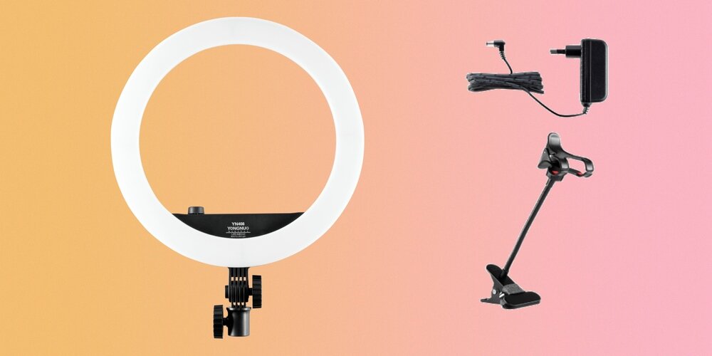 Lampa pierścieniowa LED Yongnuo YN408 oraz zasilacz i mocowanie na urządzenia mobilne