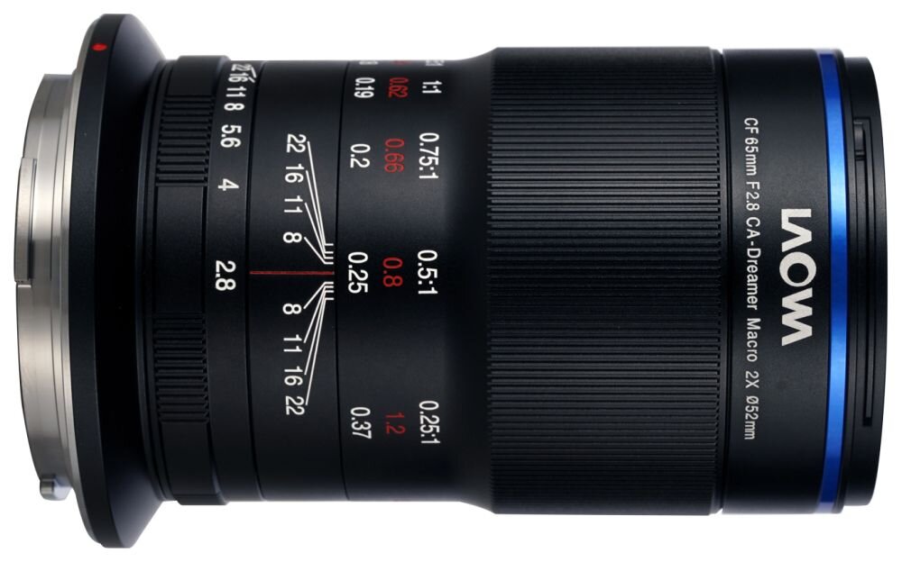 Obiektyw Laowa 65 mm f/2,8 2x Ultra Macro APO widok z boku ogniskowa przysłona ostrość pierścienie optyka soczewki powłoki montaż bagnet światło jasność zoom filtry waga silnik stabilizacja