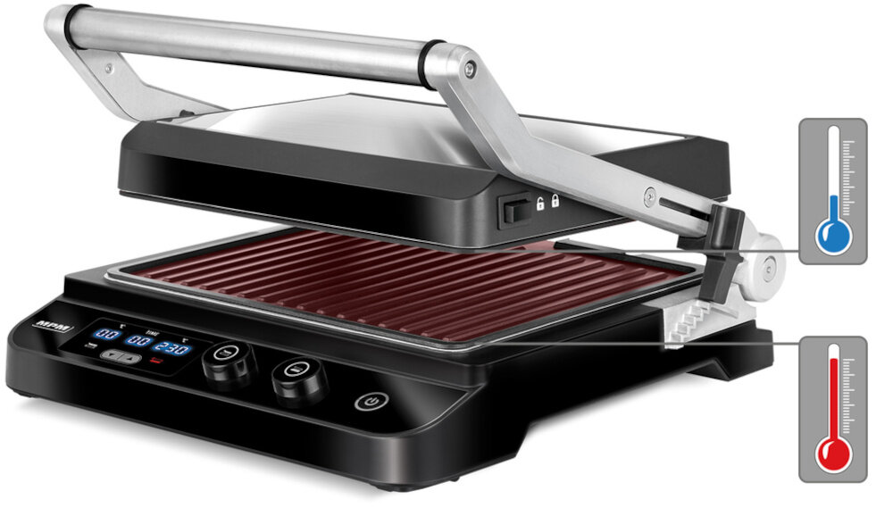 Grill elektryczny MPM MGR-11M Dwa sposoby grillowania dwa termostaty temperatura regulacja zakres