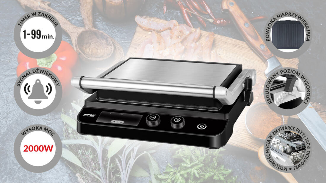Grill elektryczny MPM MGR-11M wysoka moc 2000W lampka kontrolna tacka ociekowa
