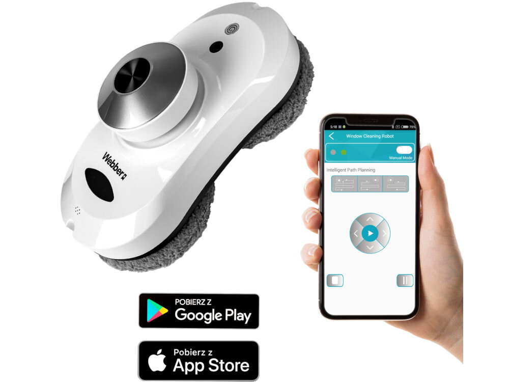 Robot do mycia okien WEBBER WM169 technologia bluetooth aplikacja smartfon tablet uruchamianie zatrzymywanie zmiana trybów pracy monitorowanie postępu działania wygoda efektywność