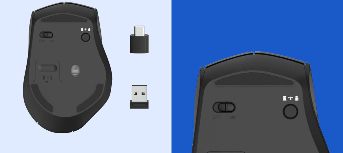 ddd
dwa nano odbiorniki: USB-A oraz USB-C w zestawie, możliwość obsługi dwóch różnych urządzeń jednocześnie,
szybkie przełączanie urządzeń za pomocą jednego przycisku na myszy
niebieskie tło, mysz od spodu, odbiornik USB-C, odbiornik USB-A, zbliżenie na przycisk do przełączania